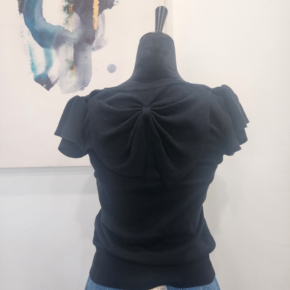 [ Sour Apple] womens black short sleeve top with LARGE  black BOW on shoulders.